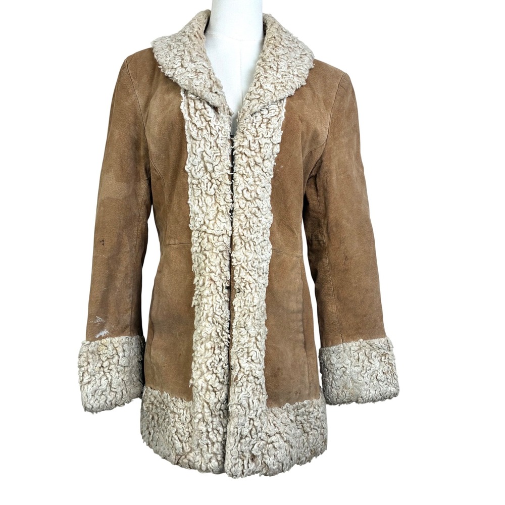 Vintage Giacca Coat M Penny Lane Genuine Leather Suede Boho Fur Afghan Brown
